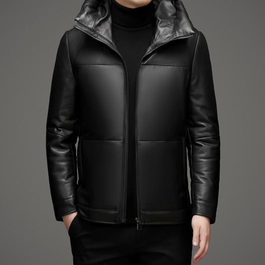 LUXO MEN'S HOODED LEATHER DOWN COAT