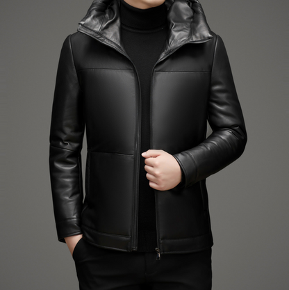 LUXO MEN'S HOODED LEATHER DOWN COAT