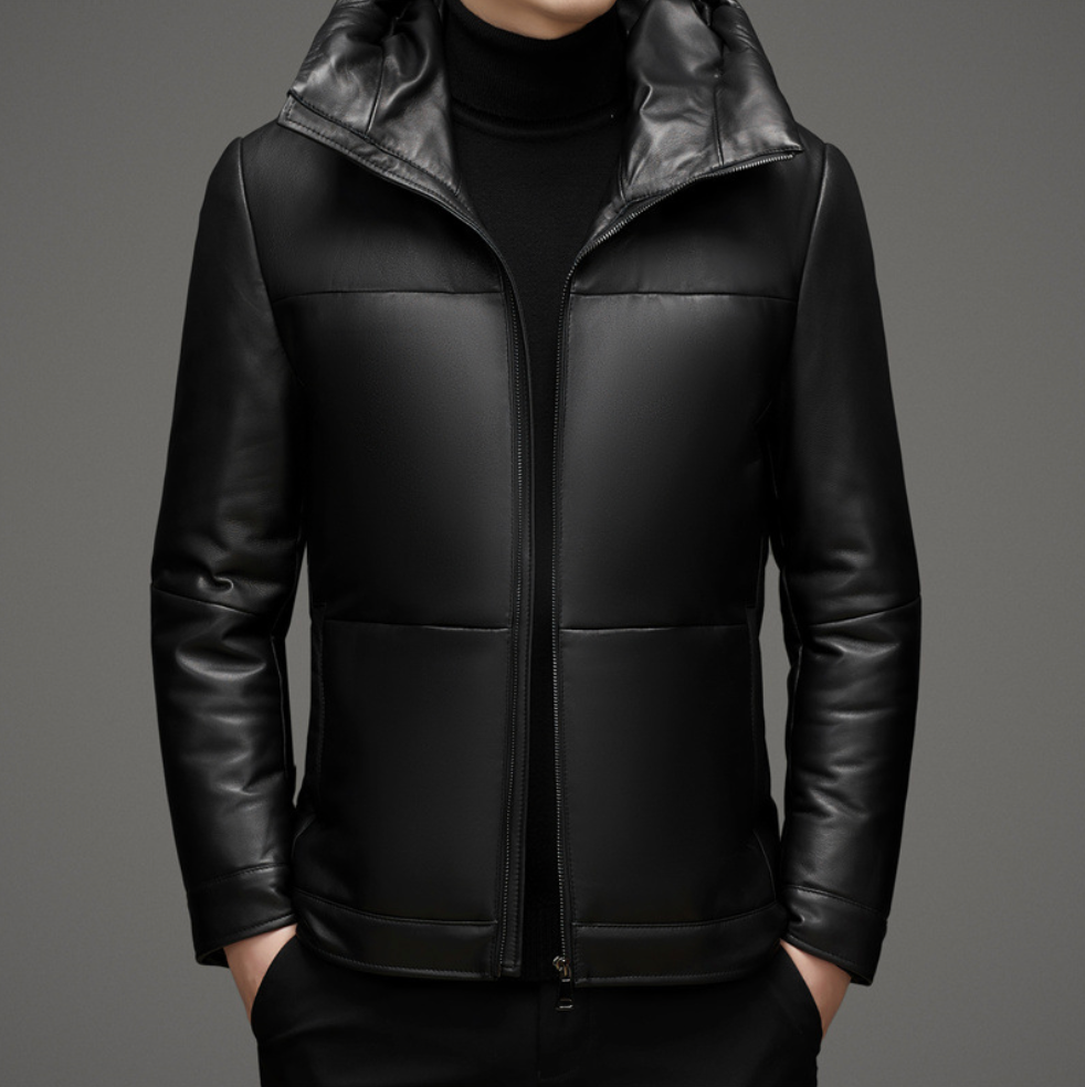 LUXO MEN'S HOODED LEATHER DOWN COAT