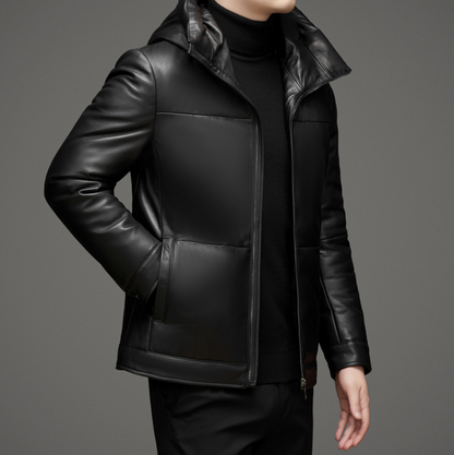 LUXO MEN'S HOODED LEATHER DOWN COAT